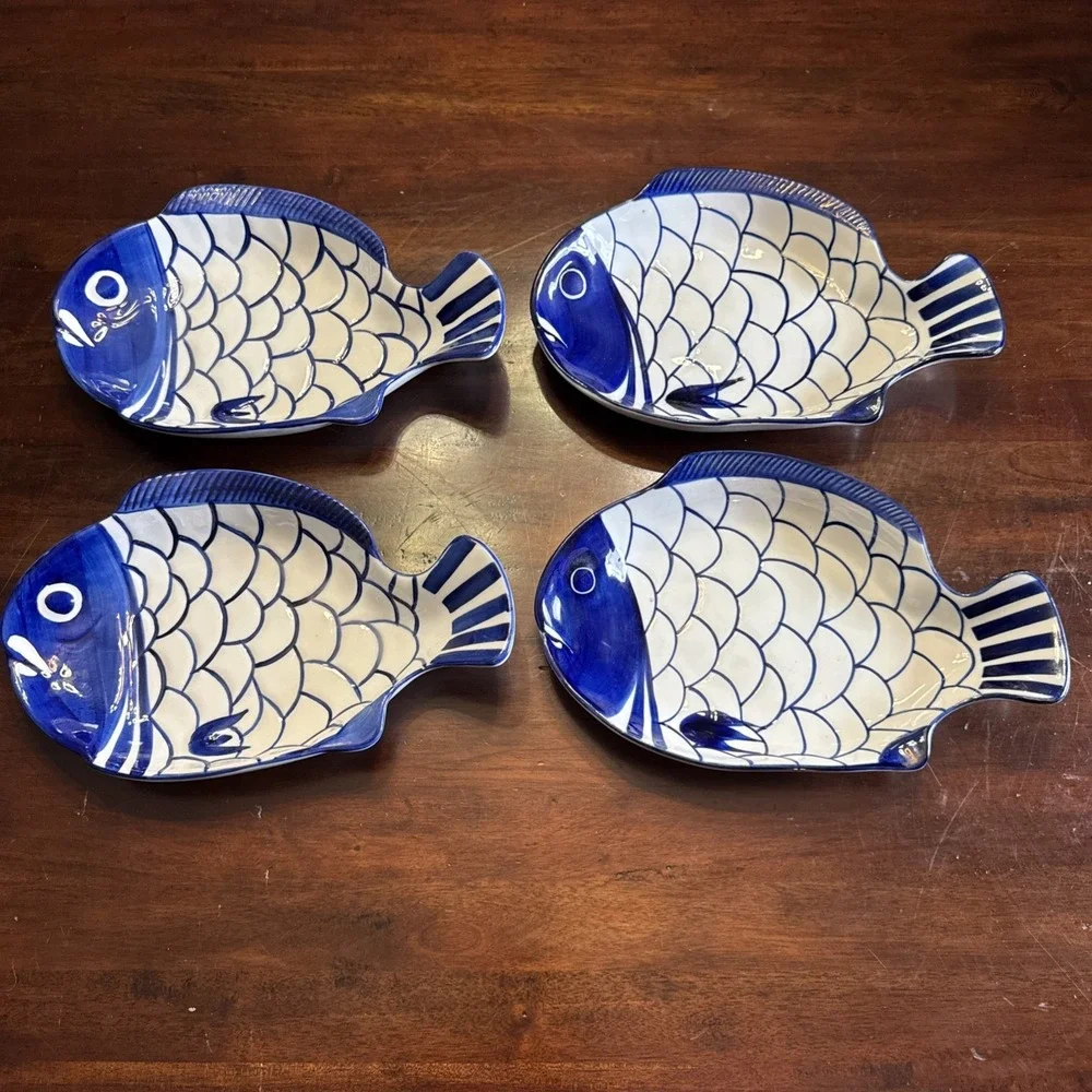 Vintage 90s Dansk Arabesque Fish Bowl Serving Platter Plate Blue & White Set 4